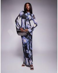 ASOS - Robe longue en tulle à imprimé fleuri abstrait avec dos échancré et manches ange - bleu - Lyst