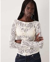 Pieces - Mandarin-style Fastened Lace Top - Lyst