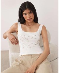 Miss Selfridge - Embellished Rib Square Neck Top - Lyst