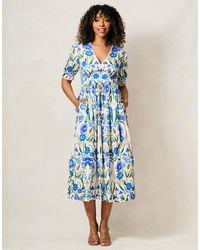 Hope & Ivy - The Erica V-Neck Full-Skirt Tea Dress With Puff Sleeves - Lyst