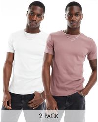 ASOS - Confezione da 2 t-shirt attillate bianca e rosa a coste - Lyst