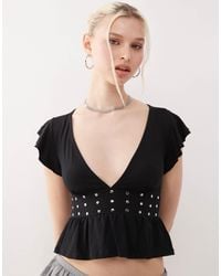 Motel - Leisma Frill Sleeve Studded Plunge Top - Lyst