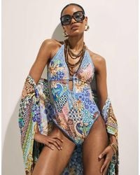 River Island - Metallic Abstract Print Plunge Swimsuit - Lyst