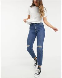Stradivarius – Schmale Mom-Jeans mit Stretch-Anteil und Zierrissen - Blau