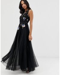 Little Mistress Scattered Floral Sequin Embroidered Midi A Line Skirt Dress - Black