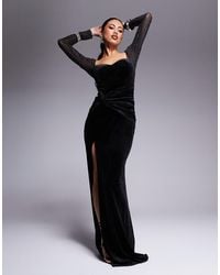 Goddiva - Hotfix Diamante Sleeve Front Split Velvet Maxi Dress - Lyst