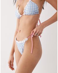 Brave Soul - Gingham Print Tie Side Bikini Bottoms With Flower Embroidery - Lyst