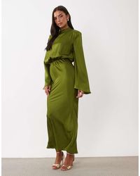 Kaiia - Exclusive Satin High Neck Fold Over Detail Wide Sleeve Fishtail Hem Maxi Dress - Lyst