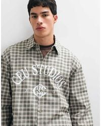ASOS - Oversized Check Shirt With Curved Step Hem And Placement Print - Lyst