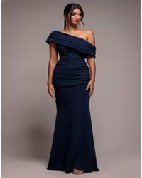 Goddiva - Pleated One Shoulder Bardot Fit And Flare Maxi Dress - Lyst