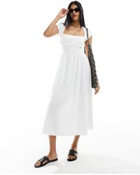 ASOS - Square Neck Shirred Bodice Midi Dress With Broderie Bust - Lyst