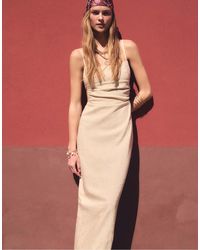 Stradivarius - Robe mi-longue en lin mélangé avec dos ouvert - taupe - Lyst