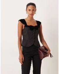 For Love & Lemons - Train Station Poplin And Velvet Mix Button-up Top With Bow Detail - Lyst