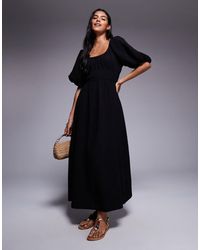 River Island - Puff Sleeve Linen Look Midi Dress - Lyst