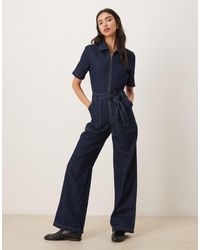 Mango - 100% Cotton Belted Short Sleeve Denim Jumpsuit - Lyst