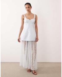 Six Stories - Satin Sweetheart Neck Structured Lace Skirt Maxi Dress - Lyst