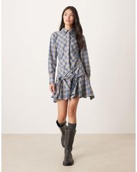 ASOS - Geruite Mini Overhemdjurk Met Gestrikte Taille En Godet-Plooien - Lyst