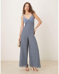 ASOS - V Neck Sheer Panel Chiffon Jumpsuit - Lyst