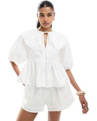 ASOS - Aangerimpelde Top Met Korte Mouwen En Kraag Van Broderie - Lyst