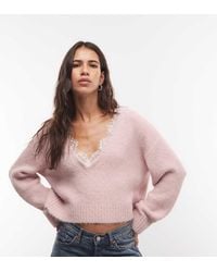 Monki - Exclusive Fluffy Knitted V-neck Jumper With Lace Trim - Lyst