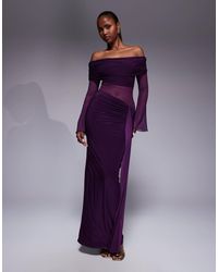 Kaiia - Exclusive Double Layered Slinky Foldover Off The Shoulder Sheer Panel Ruched Skirt Maxi Dress - Lyst