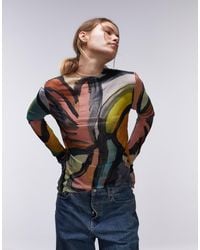 TOPSHOP - Abstract Art Crinkle High Neck Long Sleeve Top - Lyst