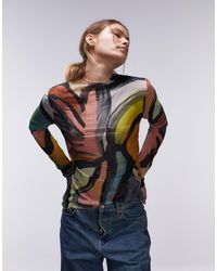 TOPSHOP - Top à manches longues et col montant effet froissé avec motif artistique abstrait - Lyst