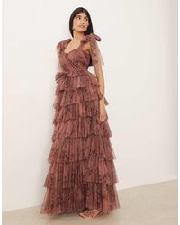 LACE & BEADS - Tulle Bow Shoulder Midi Dress - Lyst