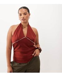ASOS - Asos Design Curve Compact Cotton Ruched Halter Neck Top With Bead Detail - Lyst