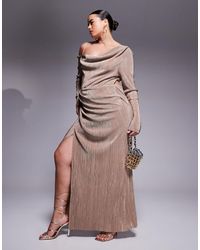 ASOS - Asos Design Curve Plisse Fallen Shoulder Maxi Dress With Ruching - Lyst