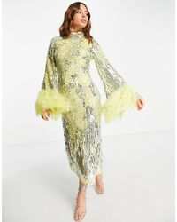 ASOS Floral Sequin And Bead Midi Dress With Feather Cuff - Yellow
