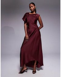 ASOS - Satin Asymmetric Neckline Maxi Dress With Pleat Shoulder And Skirt Detail - Lyst