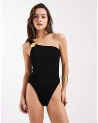 4th & Reckless - Crinkle One Shoulder Gold Shell Hardware Detail High Leg Swimsuit - Lyst