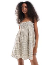 Daisy Street - Vestido Corto A Cuadros Vichy Marrones Con Escote Palabra De Honor Fruncido De -Neutro - Lyst