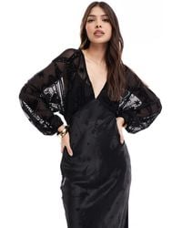 Never Fully Dressed - Sheer Sleeve Contrast Satin Maxi Dress - Lyst