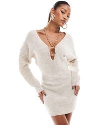 Aria Cove - Knit Rib Plunge Chain Detail Mini Jumper Dress - Lyst