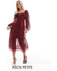 ASOS - Asos design petite - robe mi-longue nouée devant à petites fleurs avec manches longues et empiècements en dentelle - bordeaux - Lyst