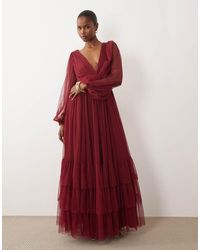 LACE & BEADS - Madison Tulle Smocked Plunge Neck Balloon Sleeve Tiered Maxi Dress - Lyst