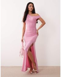 TFNC London - Slinky Fallen Shoulder Thigh Split Midaxi Dress - Lyst