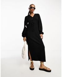 Vero Moda - Textured Long Sleeve Maxi Dress With Lace Up Detail - Lyst