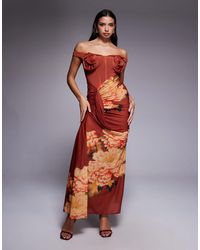 ASOS - Robe longue imprimé fleuri avec encolure bardot à fleur et jupe drapée - imprimé fleuri - Lyst