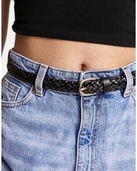 Pieces - Leather Woven Belt With Gold Buckle - Lyst