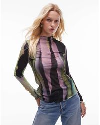 TOPSHOP - – langärmliges oberteil mit mehrfarbigem marmor-print und knitterstruktur - Lyst