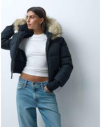 Hollister - Cropped Puffer Jacket With Faux Fur Hood - Lyst