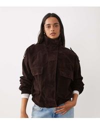 Kaiia - Exclusive Faux Suede Cargo Pocket Front Balloon Sleeve Funnel Neck Bomber Jacket - Lyst
