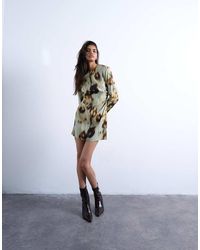 TOPSHOP - Getailleerde Mini Jurk Met Lange Mouwen En Vervaagde Print - Lyst