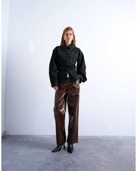 TOPSHOP - Faux Leather Pleated Straight Leg Pants - Lyst