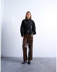 TOPSHOP - Faux Leather Pleated Straight Leg Pants - Lyst