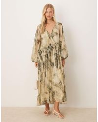 knee length dresses for ladies Asos Edition Ruffle Detail Mini Smock Dress In Blue Floral Jacquard