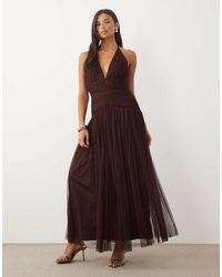 LACE & BEADS - Tulle Halter Neck Drop Waist Open Back Maxi Dress - Lyst